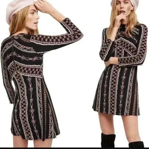 Free People Stella Black Patterned Mock Neck Long Sleeve Mini Dress XS